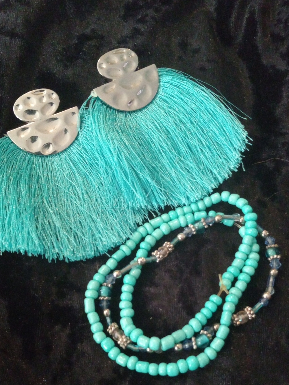 Turquoise Fringe Statement Earrings and Beaded Bracelet Set